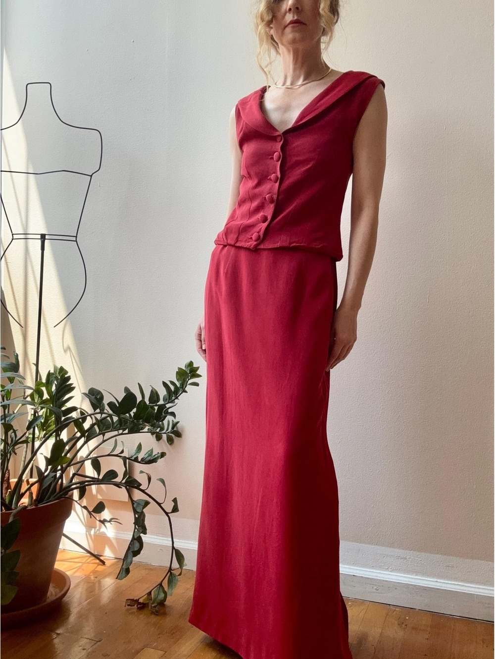 Vintage Rome Reymonde Red Silk Maxi Skirt Top Set